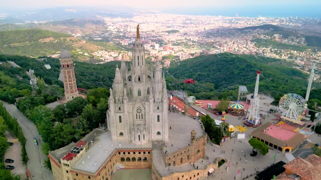 Temple of the Sacred Heart, a basilica in Barcelona on Mount Tibidabo, Spain - aerial drone view , Templo Sagrado Coraz&oacute;n de Jes&uacute;s	