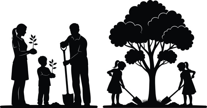 Happy family mother father children planting small seedling tree together in summer park silhouette vector graphic design concept, environmental conservation and world earth day activity. - Powered by Adobe