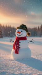 snowman wearing scarf and hat in the snow