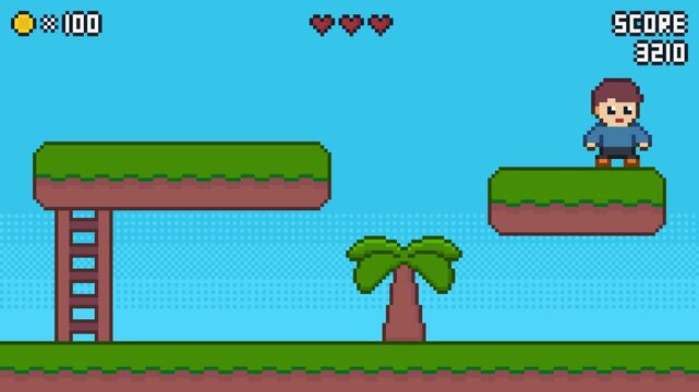 8-bit pixel art man get hp heart item on platformer game screen. looped animation 4k 30fps