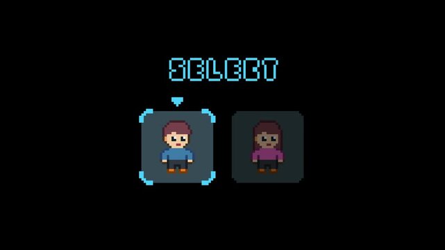 8-bit pixel art game man and woman character selection screen on the black background. looped animation 4k 30fps