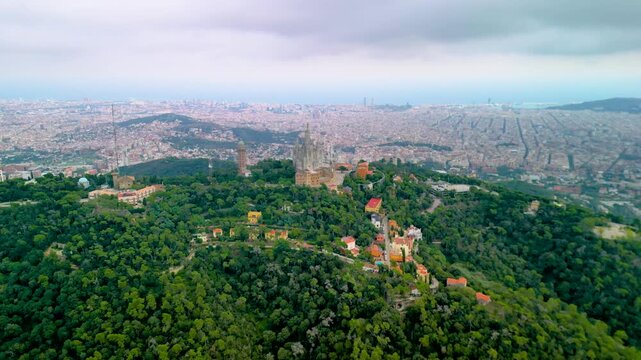  Temple of the Sacred Heart, a basilica in Barcelona on Mount Tibidabo, Spain - aerial drone view , Templo Sagrado Coraz&oacute;n de Jes&uacute;s	