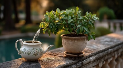 The Magical Moment of Watering Balcony Plants Under a Dazzling Sunset Glow Bringing Daily Life to Life
