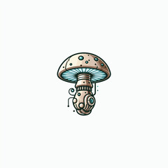 A logo featuring a steampunk-inspired mushroom, adorned with gears, pipes, and metallic details, combining natural elements with industrial fantasy aesthetics