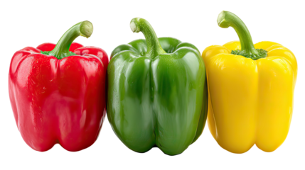 Three piles of vibrant red, green, and yellow bell peppers on transparent background
