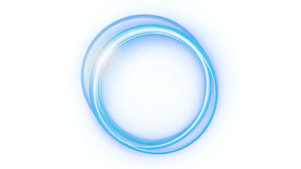Png Abstract overlapping neon light circles, glowing blue futuristic double-ring frame, cool energy spiral, motion trail effect on light background.