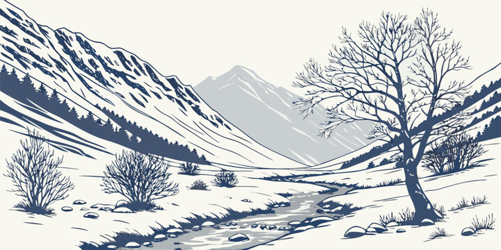 Stunning mountain valley landscape illustration with flowing river, perfect for travel blogs or scenic backgrounds, creating a peaceful, serene vibe - Powered by Adobe