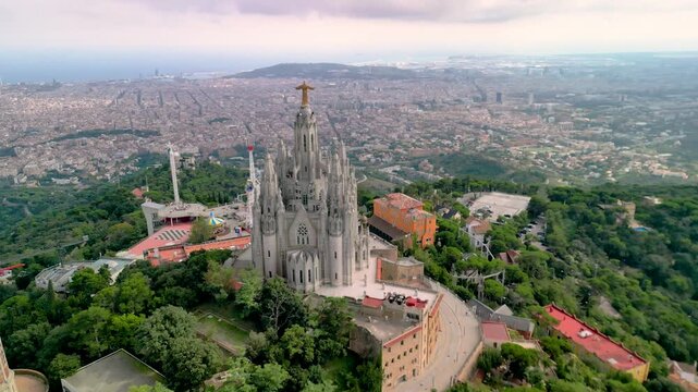 Temple of the Sacred Heart, a basilica in Barcelona on Mount Tibidabo, Spain - aerial drone view , Templo Sagrado Coraz&oacute;n de Jes&uacute;s	