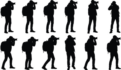 Silhouette illustration of photographers taking pictures in multiple poses with cameras and backpacks, representing outdoor photography, traveler lifestyle, creative work, and professional shooting 