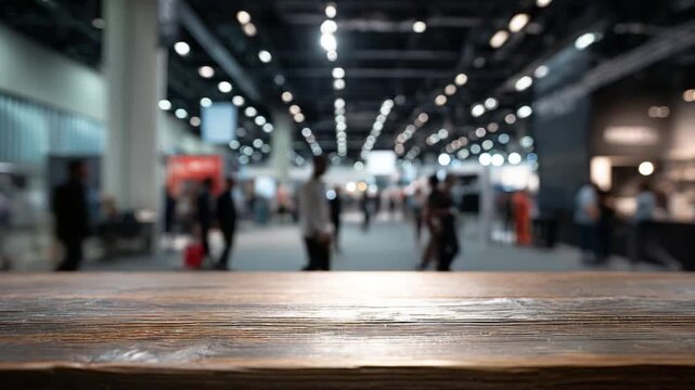 Exhibition Venue: A shallow depth of field captures the dynamic atmosphere of an exhibition hall, with a textured wooden table in the foreground offering a sense of depth and context.