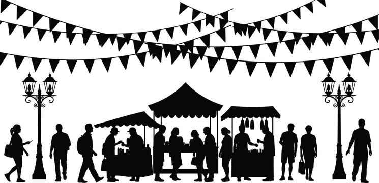 Silhouette scene of people walking and shopping at an outdoor market with tents, street lamps, and festive bunting decorations creating a lively community event atmosphere