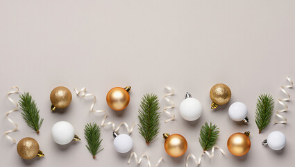 christmas tree decorations like ball white and gold, tree