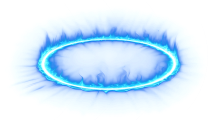 Png Blue fiery circle, magic ring of fire and smoke, glowing elliptical portal, abstract neon flame halo, fantasy power effect background.