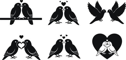 Romantic bird couple illustration, love theme, heart symbol, black vector art, affectionate poses, valentine concept, emotional connection, nature-inspired design