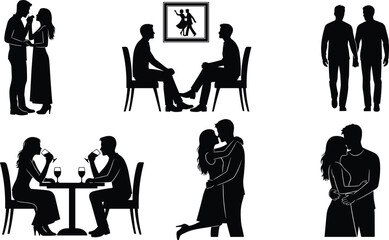 Romantic couple silhouette illustration, love moments, intimate poses, black vector art, relationship scenes, dating concept, emotional connection, affectionate gestures, togetherness
