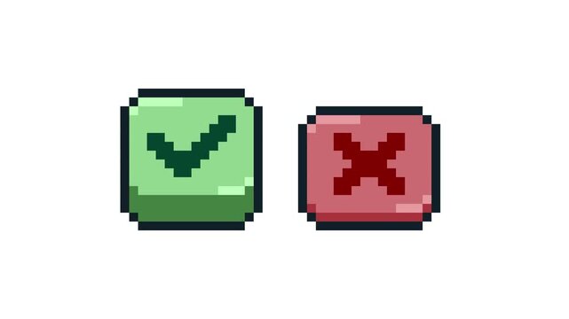 8-bit pixel art click sqaure check and x button in turn. looped animation 4k 30fps