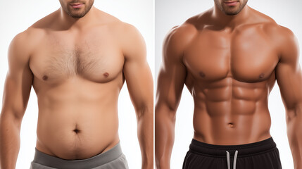Fototapeta premium Before and after body transformation of a man showing weight loss and muscle gain with defined abs