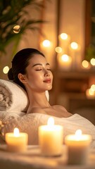 Serene woman relaxing in a luxurious spa with soft candlelight, enjoying a moment of tranquility and self-care.