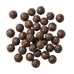 Obraz premium Aromatic dark peppercorns scattered overhead view isolated on white background