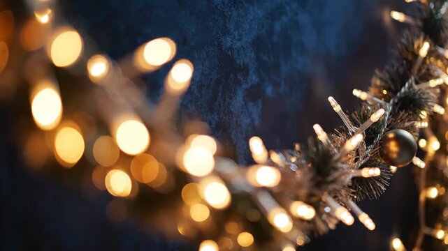 Blurred festive string lights illuminated against a dark background