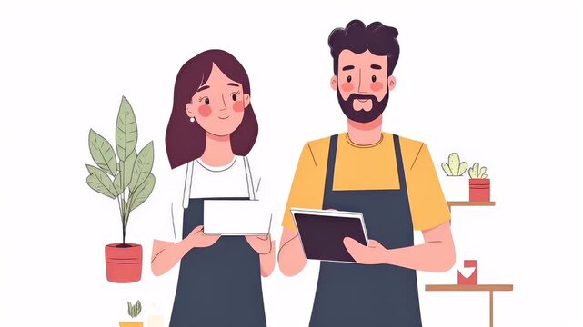 Holiday shopping season. Retail business promotion concept. man in apron holding tablet and clipboard in kitchen settingwoman holding blank paper illustration.