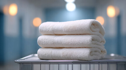 Organized industrial laundry room with linen cart and freshly folded towels for efficient facility management