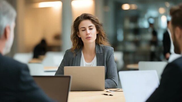 Negotiation Dynamics: A focused female executive, impeccably dressed in a business suit, leads a meeting, fully engaged in presenting ideas, collaborating with her colleagues.