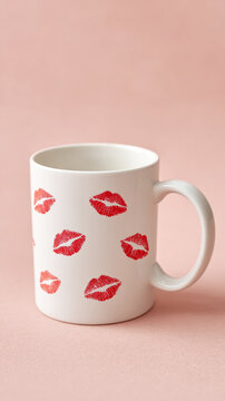 Festive world kiss day mug with red lipstick marks on pink background