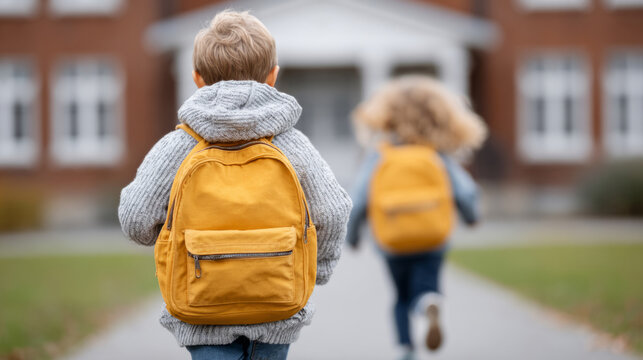 Enthusiastic back to school scene with kids running towards school building - Powered by Adobe