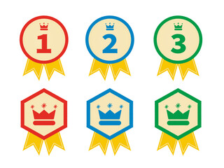 赤、青、緑の3色で構成された王冠メダルセット|1〜3の数字入り/イベント・子供向け素材｜A crown medal set consisting of three colors: red, blue, and green.