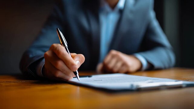 Business professional signing important documents with a pen on wooden desk