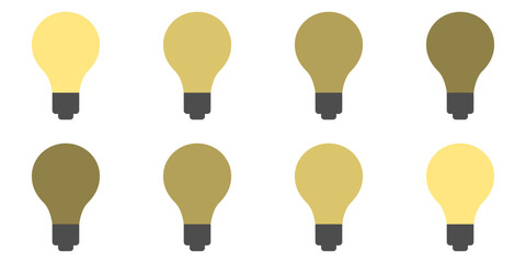 8 Frame Sprite Sheet of Shiny Glowing Pulsing Basic Lamp Light Bulb Idea or Solution Symbol Icon Set for Game or App Animation. Vector Image.