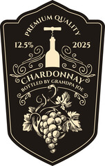 Naklejka premium Wine label or frame with a bunch of grapes, bottle with corkscrew and inscriptions in retro style. Vector hand-drawn label with curlicues on black background. No ai