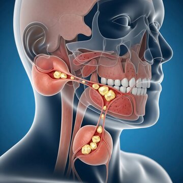 human salivary glands (parotid/submandibular) that are visibly swollen and partially obstructed by small crystal-like stones, symbolizing Sialolithiasis, in a technical cross-section schemati