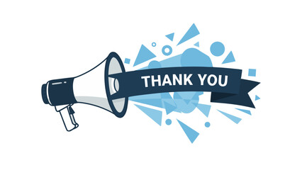 Vector Illustration Of A Megaphone Announcing Thank You With Blue Geometric Shapes On Black Background