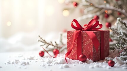 A vibrant red Christmas gift box with a velvet bow is nestled in a snowbank on a quiet winter night. Tiny footprints and a trail of sparkles lead up to it, suggesting Santa himself left it behind 