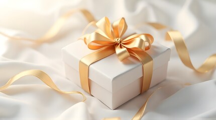 A beautifully wrapped Christmas gift box with shimmering gold ribbon rests on a snow-covered wooden bench in a magical forest. Snowflakes gently fall around it, and faint glowing lights flicker inside