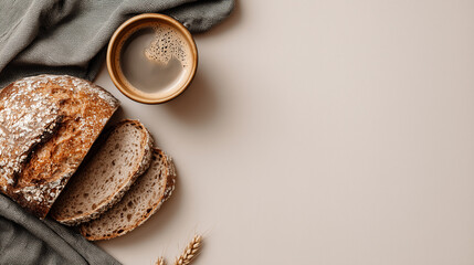 Rustic breakfast flat lay with sliced sourdough bread and cup of coffee on neutral background. Cozy morning mood, artisanal bakery, minimal food styling with copy space