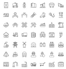 Set of 49 building and construction simple line isolated icon collection. Editable Stroke. Repair, Renovation, Work Tools, Materials