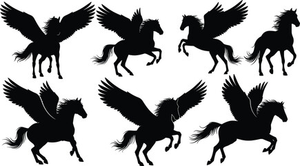 Pegasus silhouette set, flying horse vector, mythical creature illustration, fantasy animal poses, black winged horse design, majestic equine graphics