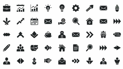 Curated collection of sleek black solid vector icons, embodying essential concepts for modern business, technology, and communication, ideal for diverse digital design projects