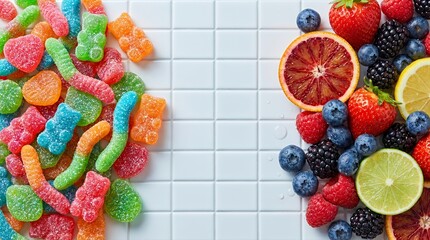 Top-down comparison of colorful sugar-coated gummy candies versus fresh mixed berries and sliced citrus fruit