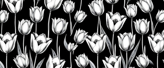 Elegant black and white tulip sketch, seamless repeat pattern for textile or wallpaper, seamless, monochromatic