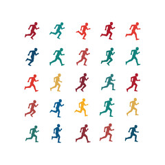 A vibrant grid pattern featuring multiple identical vector silhouettes of people running in various colors.