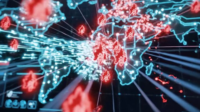 A digital world map displays a network of connections and highlighted areas with a data readout