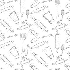 Monochrome vector pattern of baking and cooking tools, including rolling pins, spatulas, and ladles, on a clean white background.