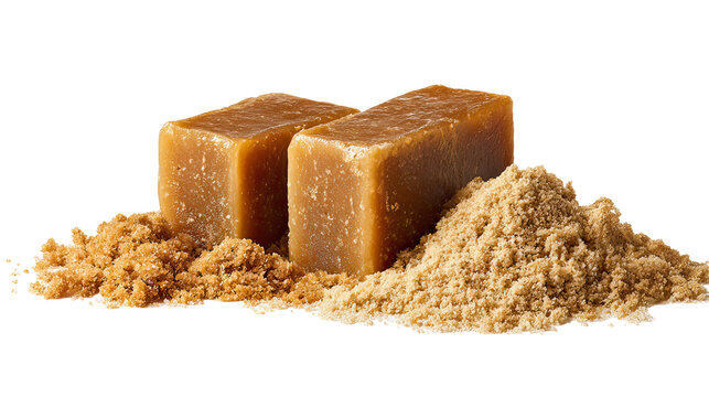 Three solid jaggery blocks side by side aligned neatly on transparent background