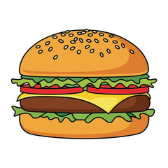 A vibrant cartoon illustration of a classic cheeseburger on a white background Vector, illustration