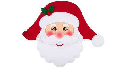 Obraz premium Cartoon Santa Claus head with red hat, white beard, rosy cheeks, and holly on a white background.