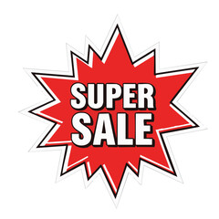 Fototapeta premium Bright red starburst graphic with bold white text announcing a super sale.